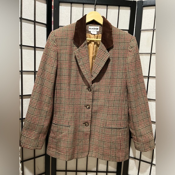 VINTAGE JOAN LESLIE  WOOL BLEND Plaid Blazer with Brown Velvet Collar, SIZE 10 - Picture 7 of 10